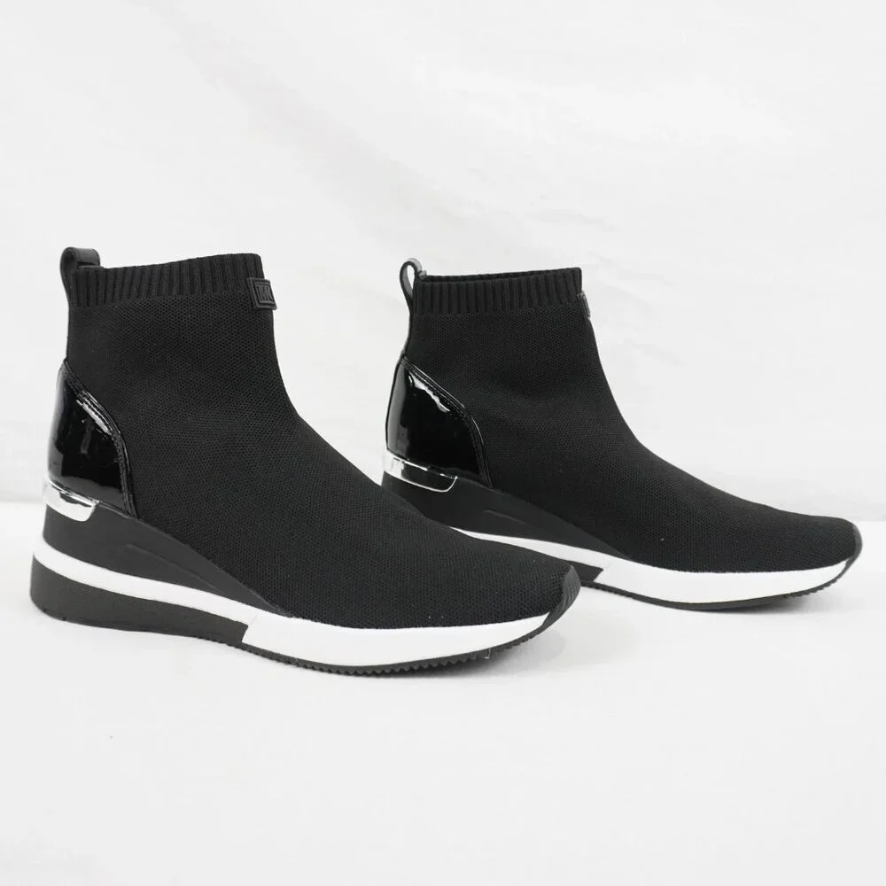 Michael Kors Skyler Stretch Knit Sneaker Wedge Bootie Ankle Boots in Black - Picture 2 of 5